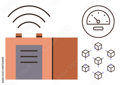 Connected battery with signal waves, performance gauge, and blockchain network blocks. Ideal for wireless technology, IoT, energy management, innovation, blockchain, performance sustainability