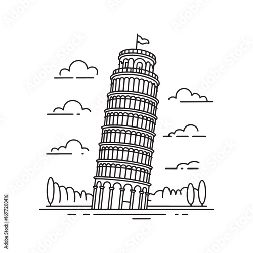 The Leaning Tower of Pisa Artistic Line Drawing Featuring Clouds and Trees Italian Architecture Landmark European Travel Destination Italian Icon