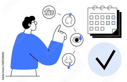 Person pointing to interconnected sensory focus icons, calendar with tasks, and completed checklist. Ideal for wellness, self-care, planning, productivity, health tracking, routine building simple