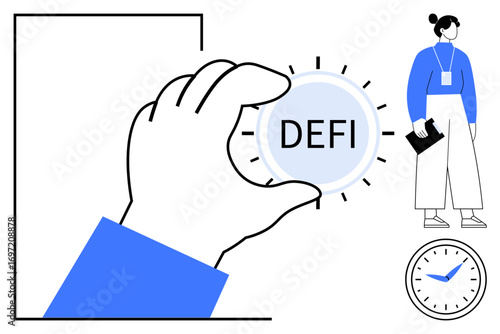 Hand grasping DeFi coin with woman carrying documents, standing next to a clock. Ideal for finance, DeFi, blockchain, digital economy, innovation, time management crypto investment. Simple flat