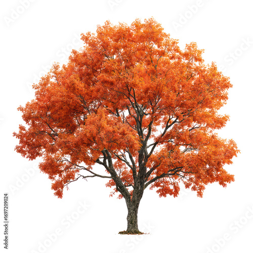 Sugar maple tree with brilliant orange leaves and visible branches on transparent background