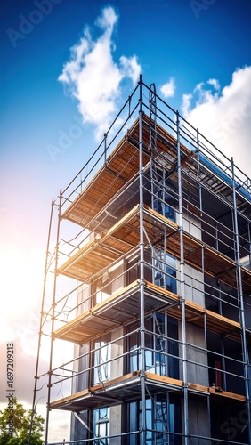 Construction scaffolding around a modern apartment building under construction against a partly cloudy sky