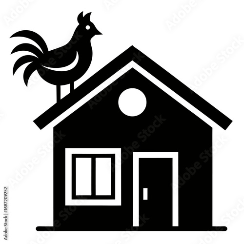 A rustic farmhouse or chicken coop with a rooster on the roof vector on white background.