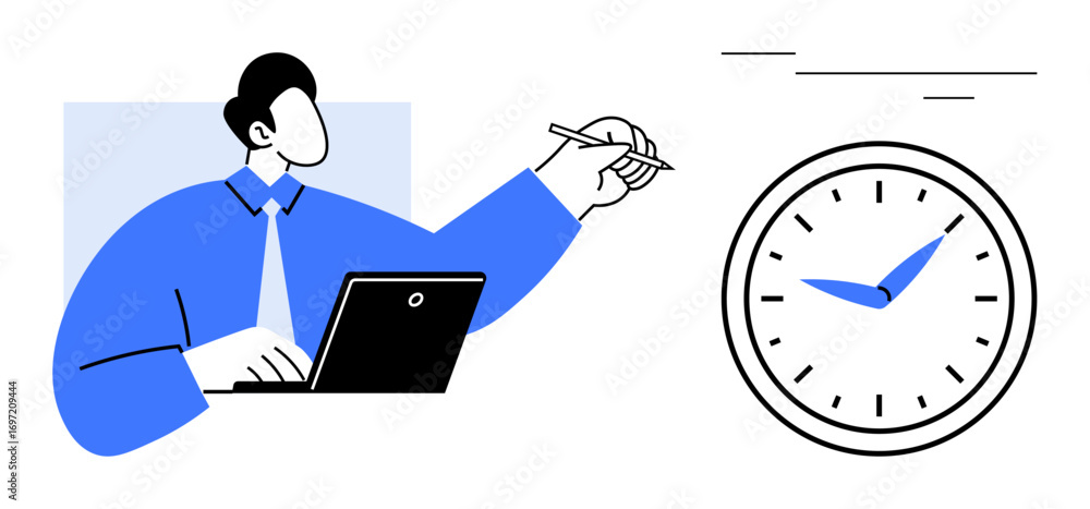 custom made wallpaper toronto digitalWorker in blue shirt holding a pen, sitting at desk with laptop, beside a clock. Ideal for productivity, time management, scheduling, efficiency, work-life balance, deadlines simple flat metaphor