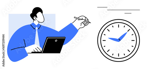 Wallpaper Mural Worker in blue shirt holding a pen, sitting at desk with laptop, beside a clock. Ideal for productivity, time management, scheduling, efficiency, work-life balance, deadlines simple flat metaphor Torontodigital.ca