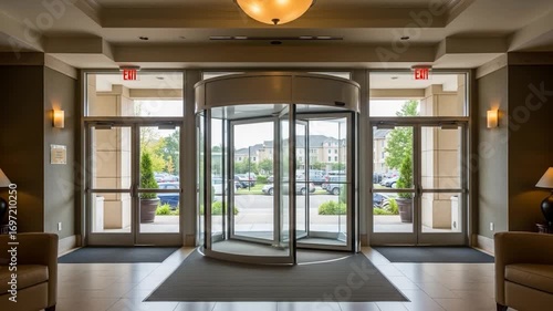 Revolving Door Entrance: Hotel Lobby with Exit Signs and Outdoor View