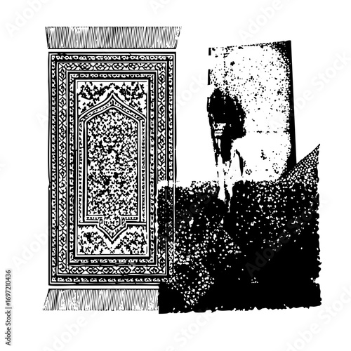 Vector Prayer rug and silhouette of a worshiper in a mosque.