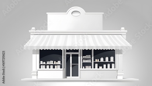 A clean, iconic white store facade with a classic striped awning, embodying a modern minimalist design, perfect for small business, boutique, or retail branding visuals isolated white background