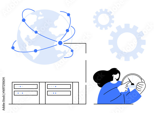 Globe with interconnected nodes, server racks, and person with gear symbolizing connectivity, teamwork, and system operations. Ideal for IT, cloud computing, global data, technology innovation