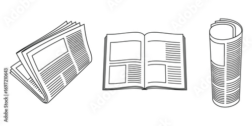 Monochrome newspapers with different presentations on a plain white background.