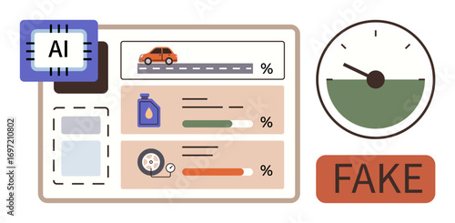 AI chip monitors cars tire, oil, and state indicators dashboard displays percentages, tank gauge, fake detection. Ideal for AI, technology, automation, analytics fraud detection automotive