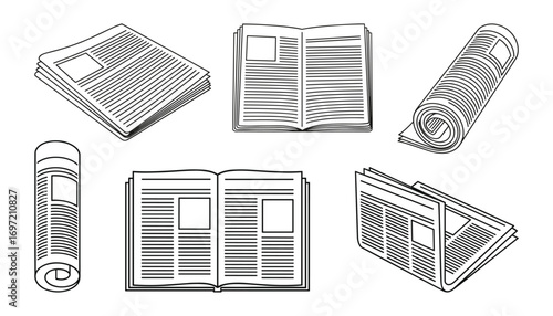 Newspaper Set: Stacked, Rolled, and Open Paper Icons in Line Art Style Vector Illustration