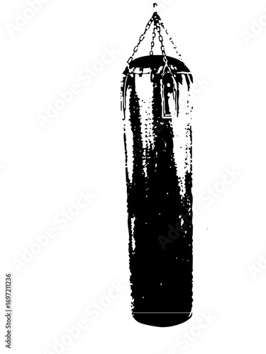 Vector Black punching bag hanging from chains .