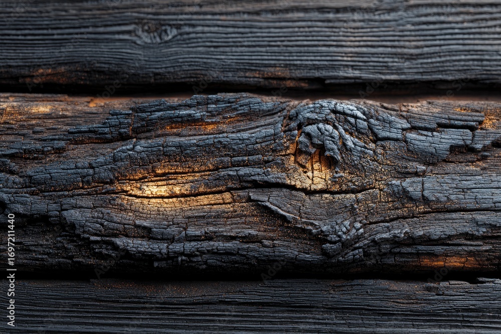 Closeup of dark charred wood planks with visible goldenorange highlights in the cracks and textured surface Closeup of dark charred wood planks with visible goldenorange highlights in the cracks and textured surface