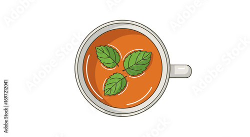 Aromatic hot beverage with green leaf garnish in a white mug, a flat vector illustration isolated on a white background