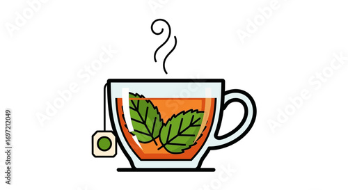 A refreshing glass cup of hot herbal mint tea with steam rising, illustrated in a clean, flat vector line art style on a white background