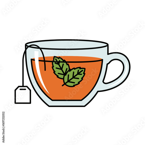 Herbal mint tea steeping in a glass cup with a tea bag, a simple vector illustration for cafes and wellness concepts
