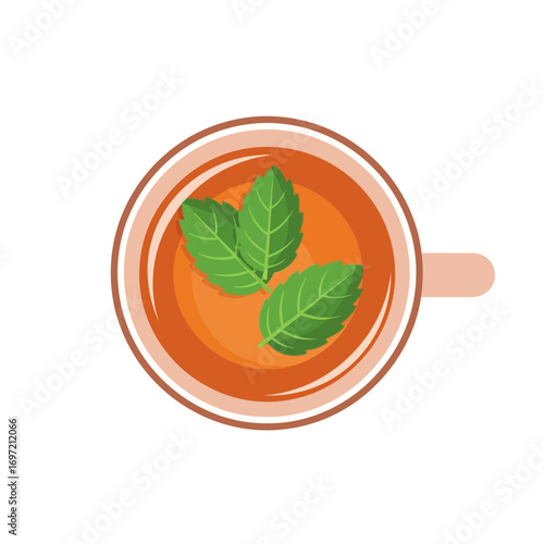 Top-down view of a cup of freshly brewed mint tea, a warm and healthy herbal beverage with green leaves. Flat design vector illustration