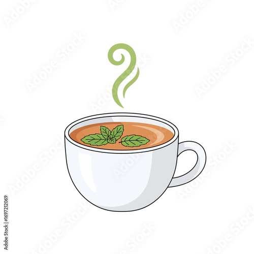 Aromatic cup of hot herbal mint tea with fresh leaves and swirling steam. A cozy and warm beverage illustration isolated on a white background