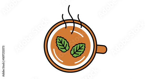 Minimalist line art icon of a steaming cup of hot mint tea, top-down view on a clean background