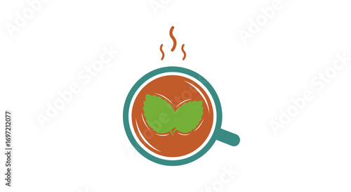 Stylized top-down view icon of a steaming hot cup of mint tea, a warm herbal beverage illustration on an isolated white background