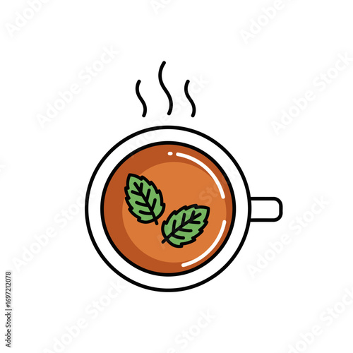 Minimalist vector icon of a steaming mug of mint tea seen from above, a simple flat design representing a fresh and hot herbal drink