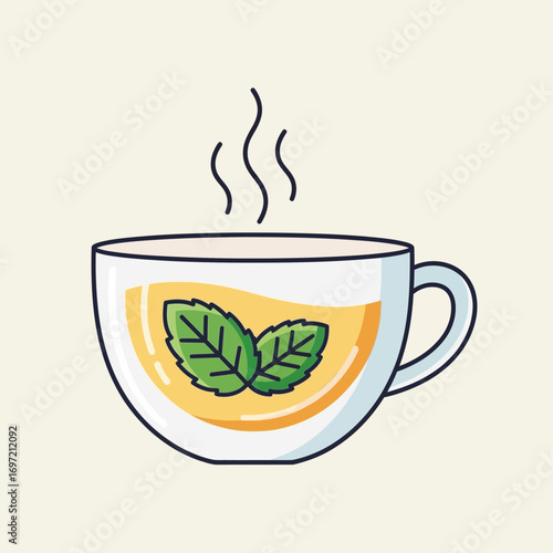 Vector line art illustration of a hot cup of herbal mint tea. A warm and relaxing beverage with fresh leaves in a transparent mug, with steam rising