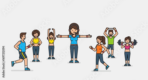 Vector illustration of a diverse group of people in a fitness class led by an instructor, engaged in various exercises and workouts for health and wellness