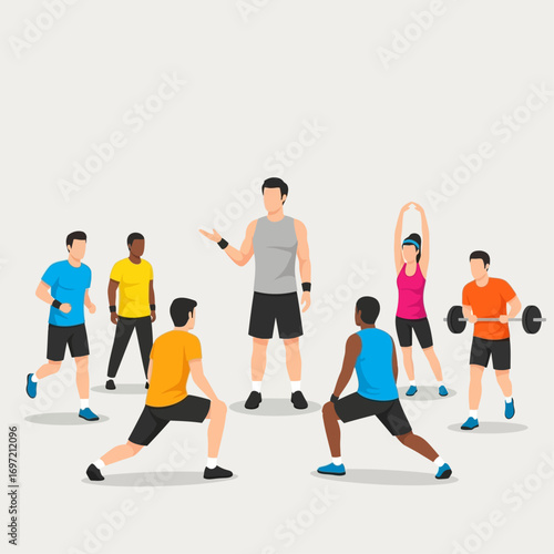 Professional fitness coach leading a diverse group workout session with men and women performing various athletic exercises