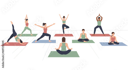 Harmonious vector collection of diverse people in various yoga poses, illustrating a modern concept of group fitness, wellness, and balance