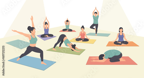 Diverse group of people in a fitness class practicing various yoga asanas like warrior, downward dog, and tree pose for wellness