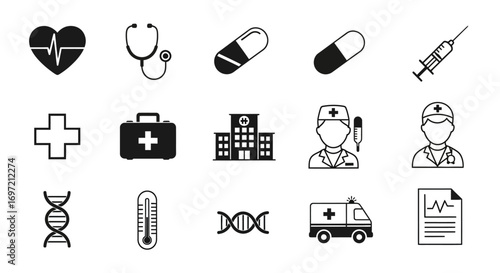 A versatile set of monochrome medical and healthcare icons, isolated on a white background, perfect for digital and print media