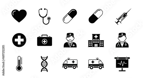 Collection of essential monochrome medical icons including hospital, doctor, and first aid symbols. Whisk_8ec8315431f3a0a95534a353a6c3c8c6dr.ai graphic set