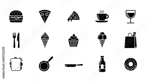 A comprehensive set of food and drink silhouette icons, a whisk of essential symbols for culinary projects, menus, and applications
