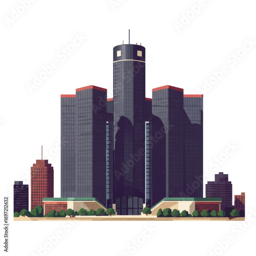 Renaissance Center skyscraper complex in Detroit a stylized flat vector illustration with dark glass towers.