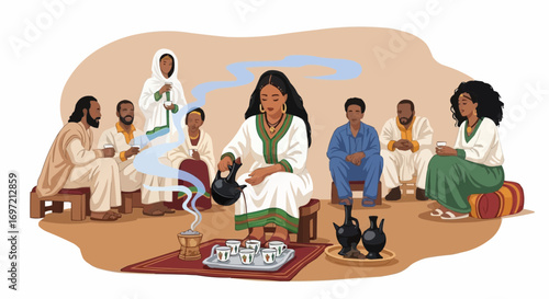 Illustration of ethiopian coffee ceremony with traditional clothing and coffee pot and cups for sharing vector