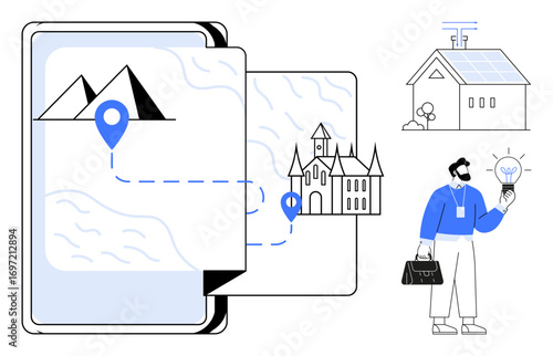 Open map with destination markers for mountains and castle, eco-friendly smart home with solar panel, insightful professional analyzing solutions. Ideal for travel, sustainability, innovation