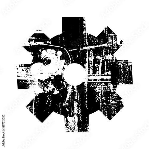 Vector Abstract starburst with central sphere and distressed texture.