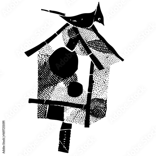 Vector Stylized birdhouse with a perched bird features a dotted texture.
