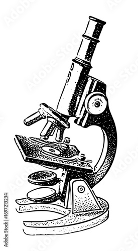 Vector Detailed of a vintage laboratory microscope with stage and lenses.