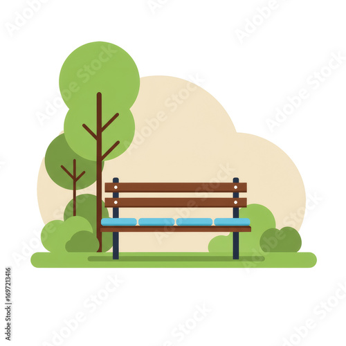 Park Bench with Blue Cushions and Brown Wooden Slats Illustration.