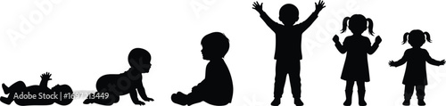 Child development, baby growth, toddler milestones, early childhood, motor skills, crawling, sitting, standing, silhouette, stages, black background, isolated, progression, infant