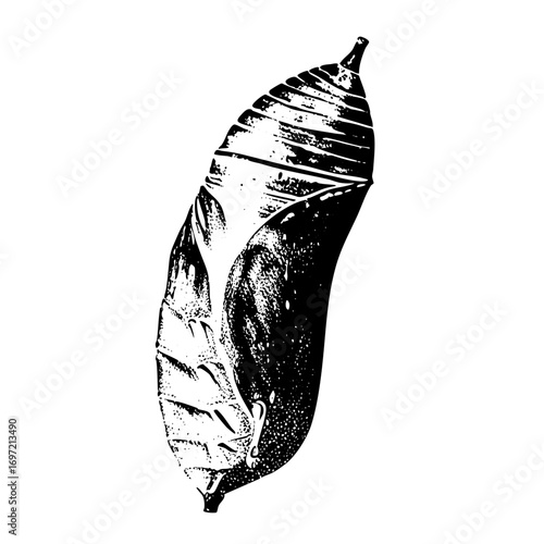 Vector Detailed of a monarch chrysalis hanging from a leaf.