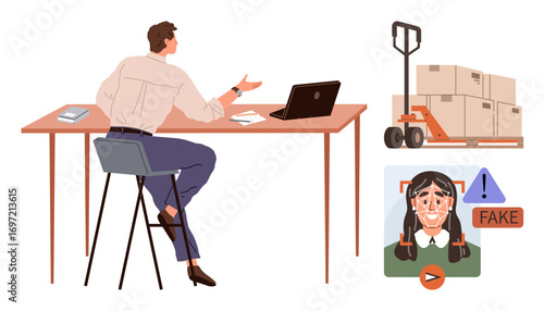 Man at desk analyzing suspicious digital content with fake warning symbol, stacked boxes on a pallet jack nearby. Ideal for digital fraud, awareness, logistics, diligence, social media, education
