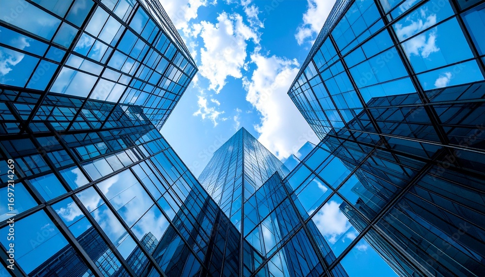 Obraz premium Dynamic low-angle perspective of towering glass skyscrapers with reflective surfaces reaching for a brilliant blue sky