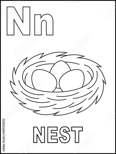 Educational Alphabet Coloring Page Featuring N is for Nest for Early Vocabulary Practice for toddlers.  Children’s Educational Worksheets.