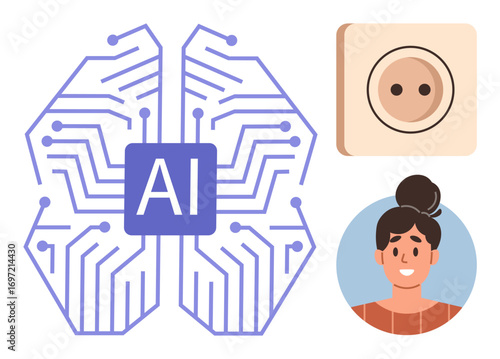 AI brain with circuits, smart power socket, and smiling woman. Ideal for artificial intelligence, connectivity, innovation, smart devices, IoT human-tech synergy and technology education. Simple