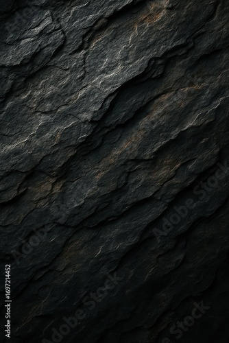 Illuminated slate stone wall with dramatic directional lighting creating architectural texture and shadow play