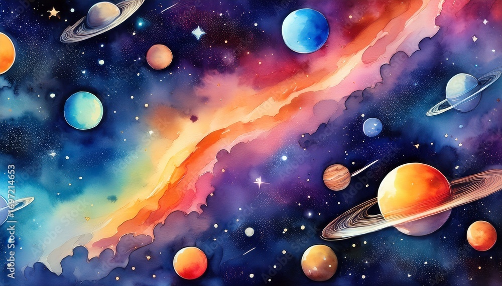 Naklejka premium watercolor galaxy with planets cosmic wallpaper