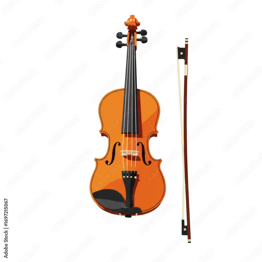 Fototapeta premium Vibrant Orange Violin with Dark Brown Bow.